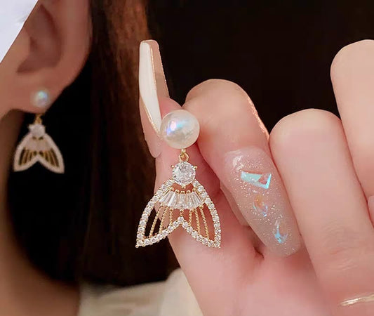 Golden Fishtail Crystal Pearl Earrings | For Girls